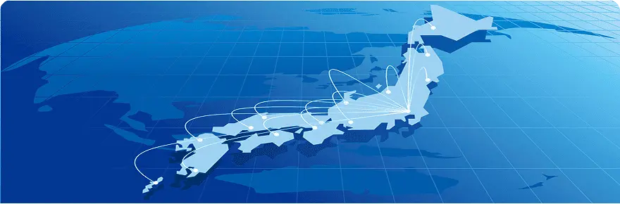 日本地図を中心にネットワークを示す線が広がる青系のイラスト